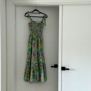 Tory Burch Wallpaper Floral Print Tie Shoulder Dress Blue Smocked Tiered Maxi M